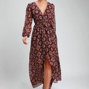Lulu’s Art and Soul Burgundy Multi Print Long Sleeve High-Low Dress